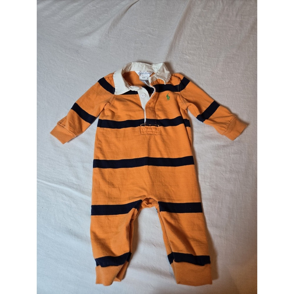 Ralph Lauren Baby One Piece 3 Months Orange With Blue Stripes‎ With White Collar